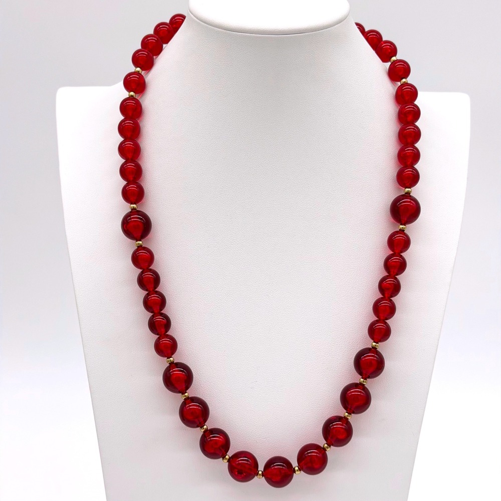 Vintage Red Lucite Beaded Necklace Graduated Beads Statement Retro 26"